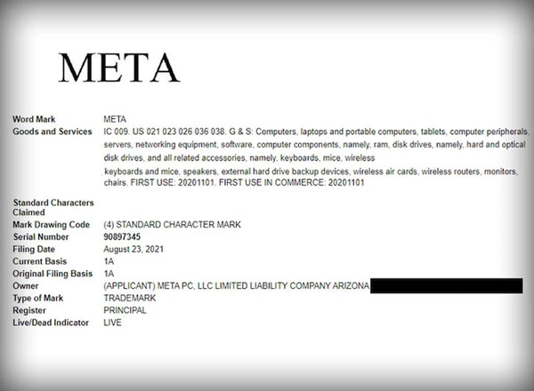 Một công ty máy tính đã đăng ký nhãn hiệu Meta từ tháng 8/2021. Ảnh: TMZ.