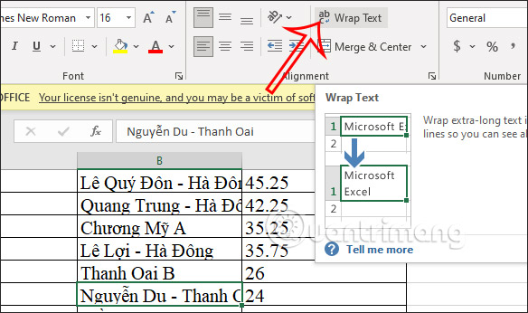Công cụ Wrap Text trong Excel