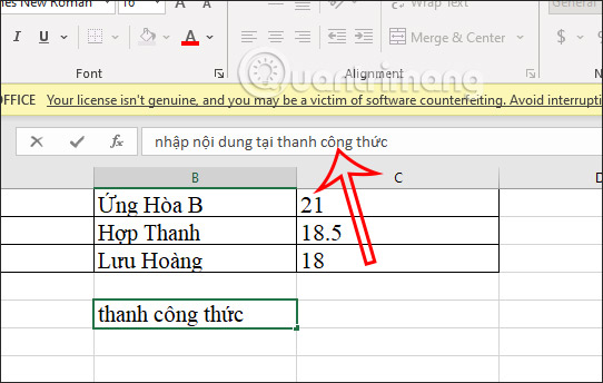 Nhập nội dung tại thanh công thức trong Excel