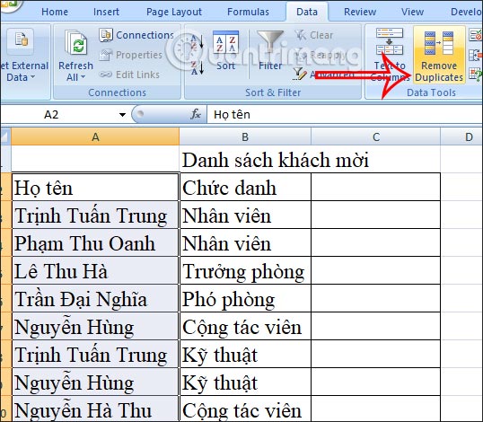 Công cụ Remove Duplicates