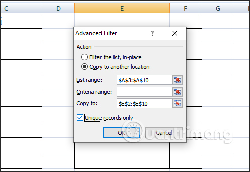 Lọc dữ liệu không trùng trong Excel