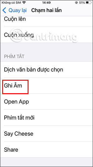Chọn thực hiện tác vụ Ghi âm
