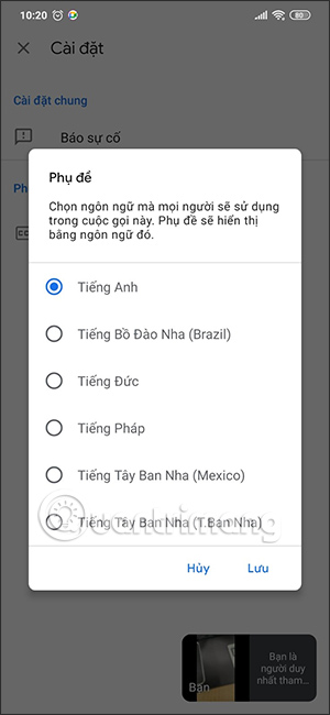 Select language Google Meet phone