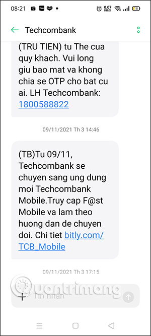 Tin nhắn chuyển đổi Techcombank Mobile