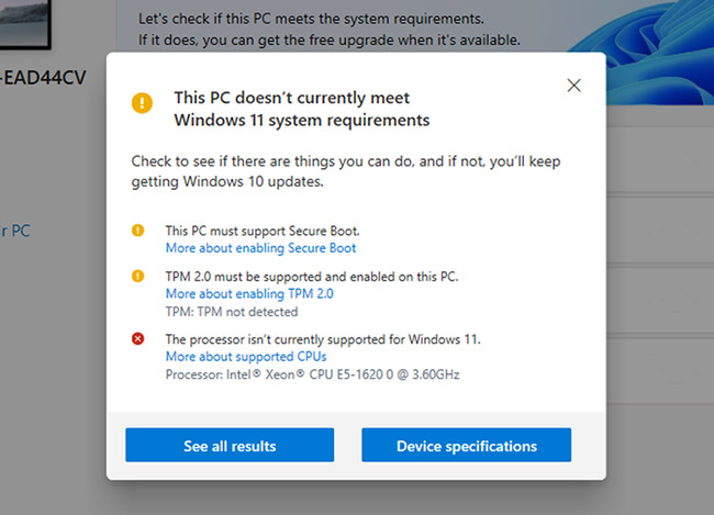Ứng dụng kiểm tra hiển thị PC không đáp ứng yêu cầu của Windows 11