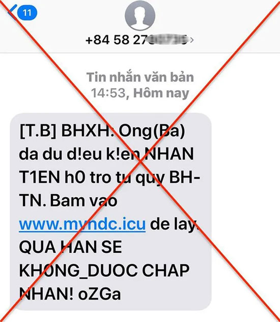 Tin nhắn mạo danh cơ quan BHXH để lừa người dân bấm vào đường link lạ hòng chiếm đoạt thông tin và tiền của người dân.