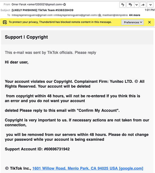 Email lừa đảo cảnh báo vi phạm