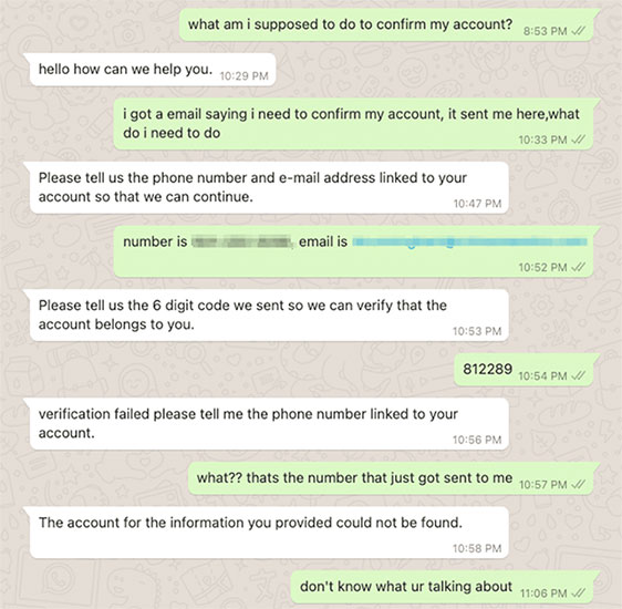 Kẻ lừa đảo nói chuyện với nạn nhân trên WhatsApp