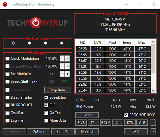 ThrottleStop là một phần mềm theo dõi, điều chỉnh 3 loại điều tiết CPU khác nhau và kiểm tra hiệu suất của bộ xử lý
