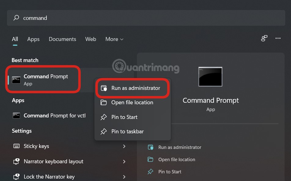 Mở Command Prompt với tư cách quản trị viên