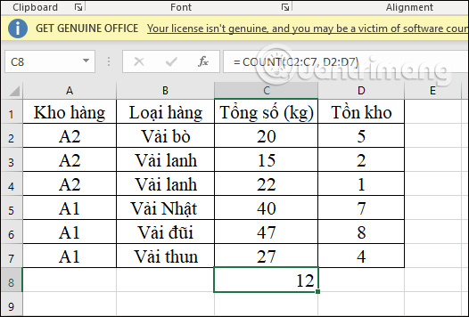 COUNT Excel 函数结果 