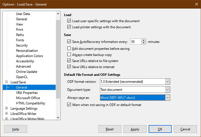 Set default options for documents