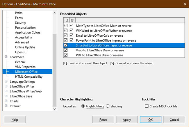 Tick ​​SmartArt to LibreOffice shapes or reverse and change Character Highlighting to Highlighting