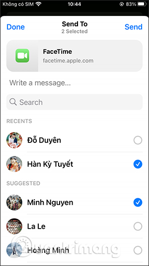 Chọn link gửi gọi FaceTime