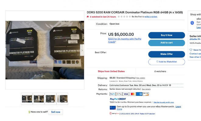 Gian thương đẩy giá RAM DDR5 lên cao khủng khiếp, 4 thanh RAM 16GB giá 5.000 USD