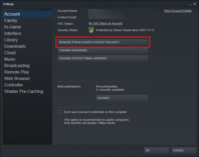 Click on “Manage Steam Guard Account Security”