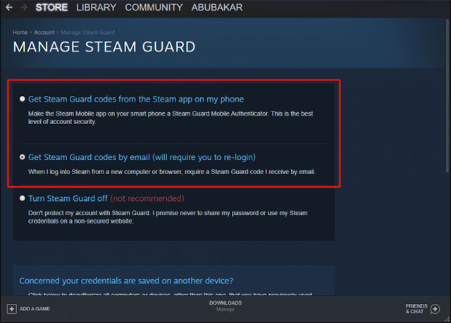 Tích vào ô tròn bên cạnh tùy chọn “Get Steam Guard codes by email”.