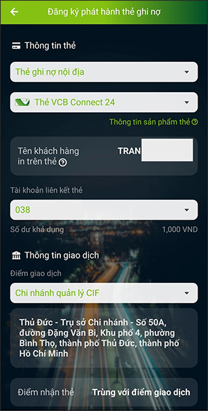 Điền thông tin đổi thẻ chip Vietcombank