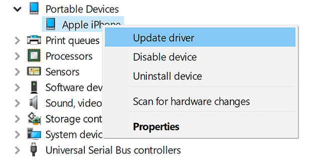Cài đặt lại driver Apple Mobile Device USB