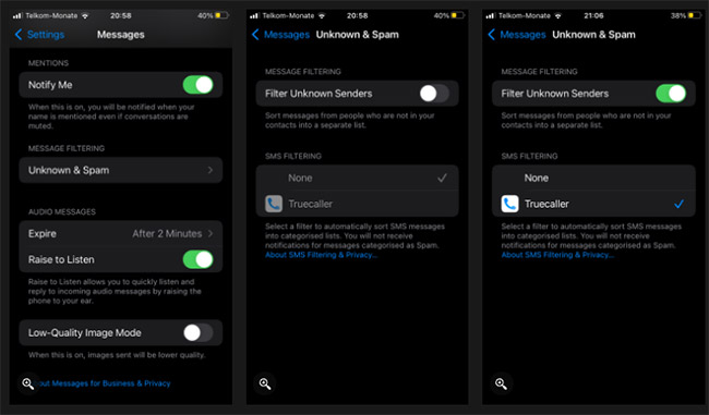 Enable Truecaller message filtering on iPhone