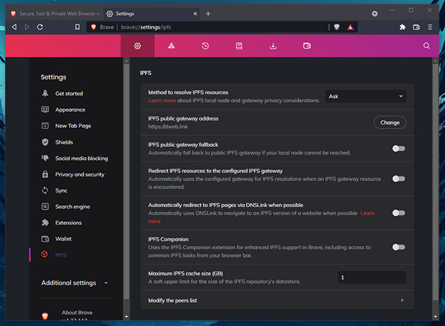 Brave includes support for IPFS