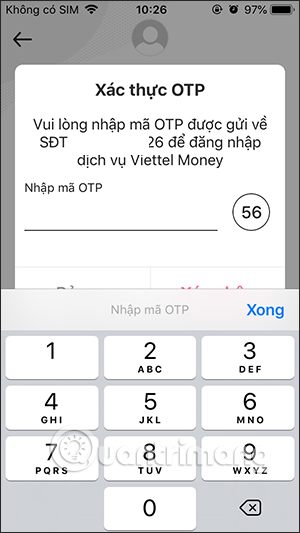 Nhập mã OTP để lấy mã xác nhận