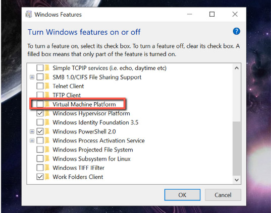 Bỏ chọn Virtual Machine Platform