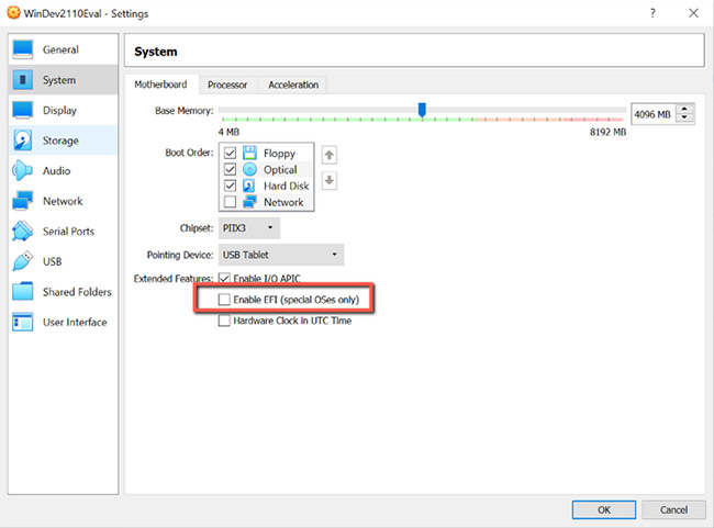 Uncheck the box next to Enable EFI (special OSes only)