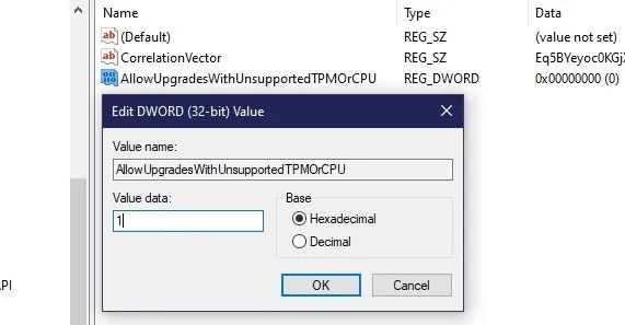 Name the new value AllowUpgradesWithUnsupportedTPMOrCPU
