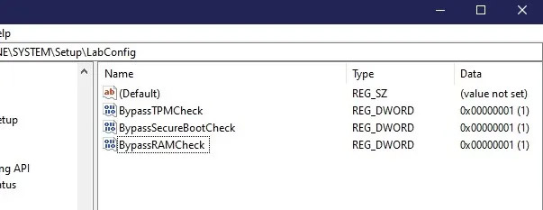 3 values ​​with Value Data of 1