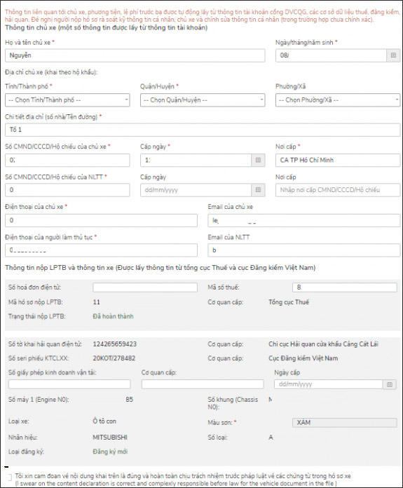 Nộp tờ khai đăng ký xe