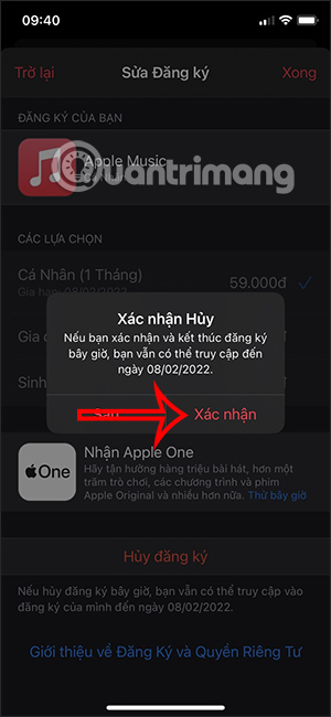 Xác nhận hủy gia hạn Apple Music
