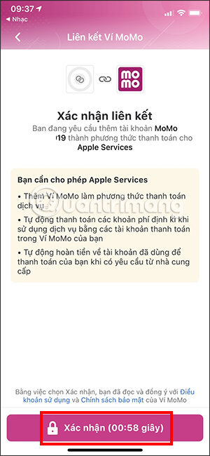 Xác nhận phương thức thanh toán Apple Music