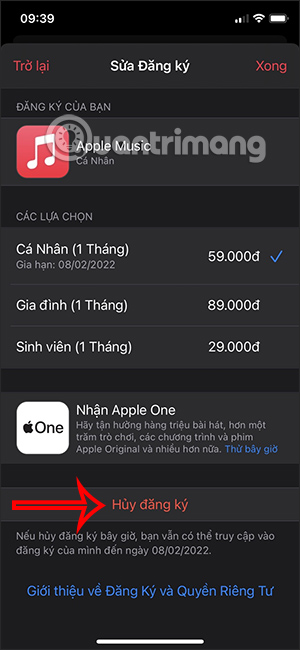 Hủy đăng ký gia hạn Apple Music