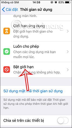 Bật giới hạn trên iPhone