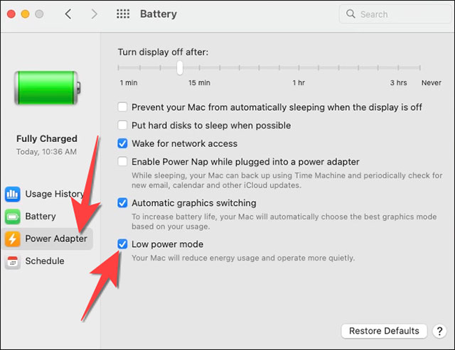 Tích vào ô vuông bên cạnh mục “Low Power Mode”
