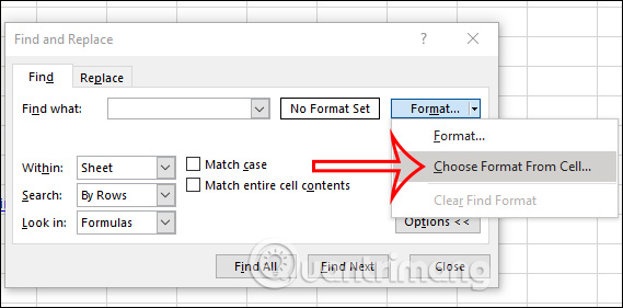 Chọn định dạng cho Find trong Excel