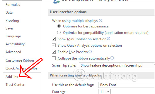 Nhấn Add-ins trong Excel