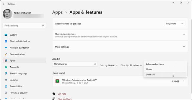 Gỡ cài đặt Windows Subsystem for Android