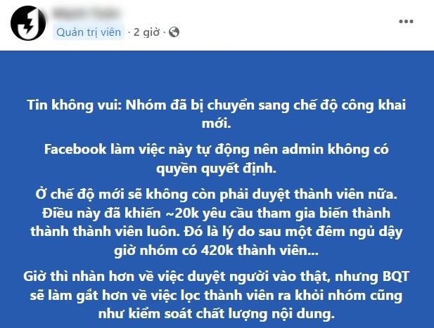 Thông báo về việc Group bị Facebook tự động chuyển sang chế độ công khai mới của Quản trị viên Group J