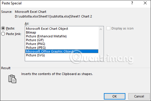 Excel chart paste option