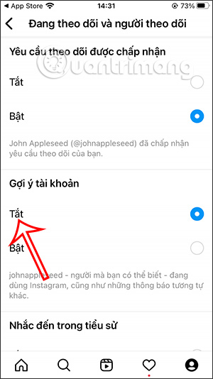 Turn off Instagram account suggestions