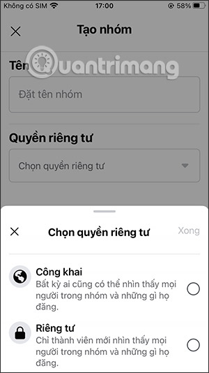 Chọn quyền hiển thị nhóm Facebook