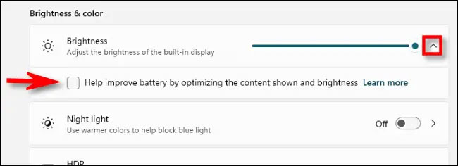 Bỏ tích mục “Help improve battery by optimizing the content shown and brightness”