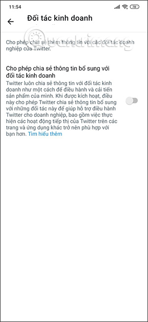 Tắt Chia sẻ dữ liệu với các đối tác kinh doanh Twitter điện thoại