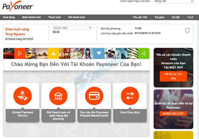 Giao diện web của Payoneer