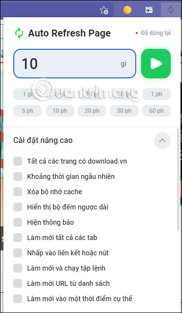 Cài đặt nâng cao trên Auto Refresh Page