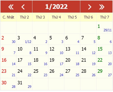 Lịch tháng 1/2022