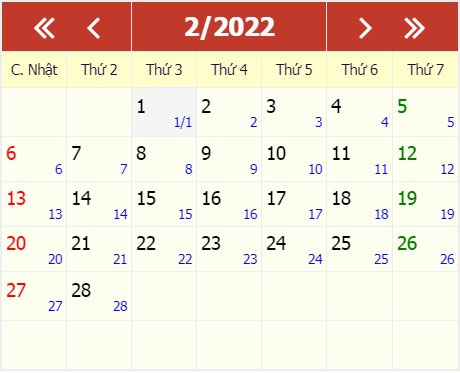 Lịch tháng 2/2022