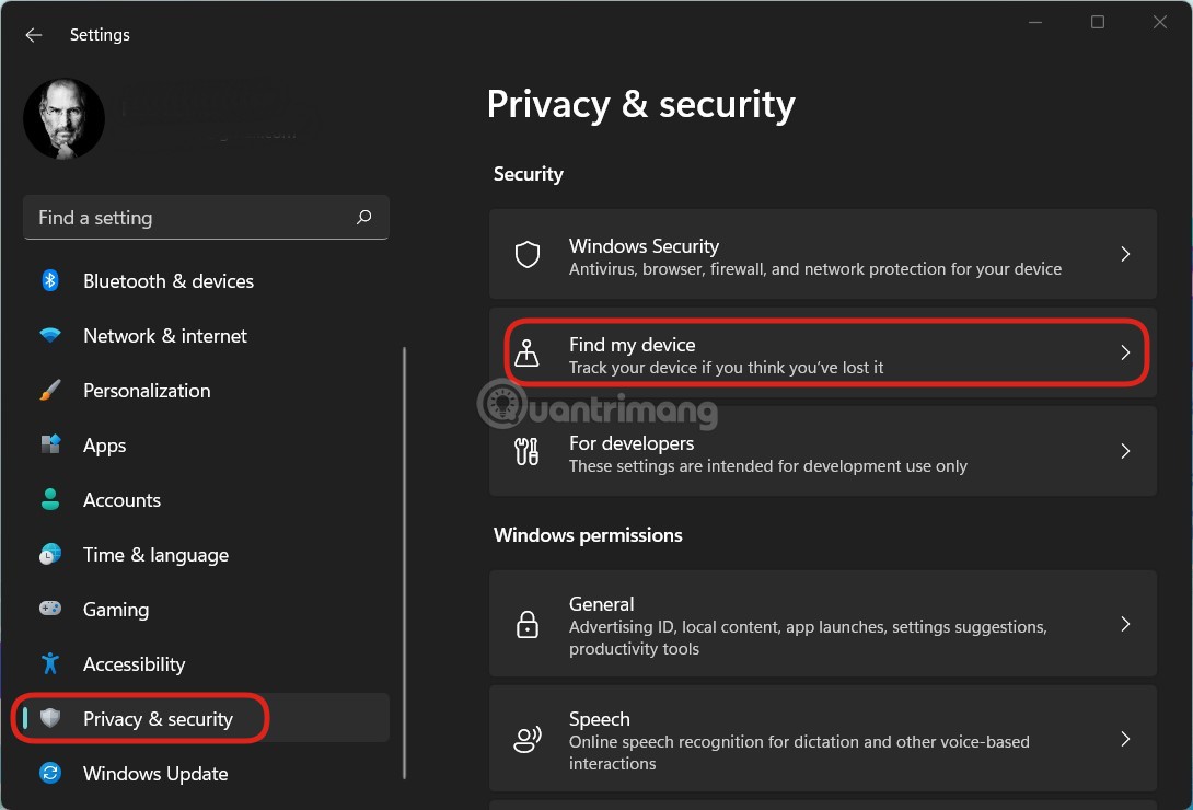 Truy cập Settings > Privacry & Security > Find my device